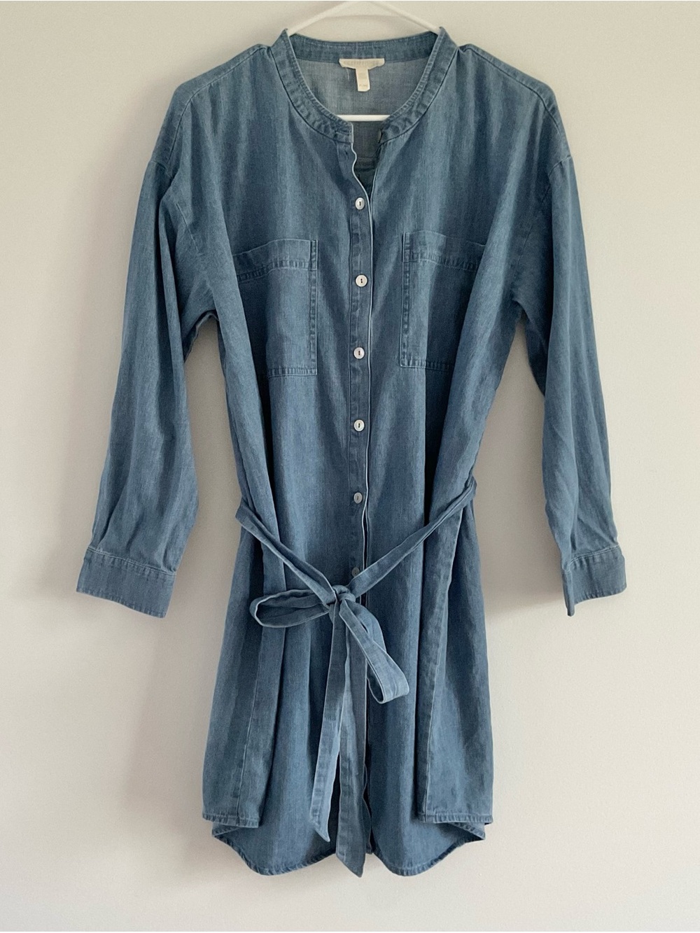 EILEEN FISHER Chambray Denim Shirt Dress P Large Blue Organic Cotton Tie Waist